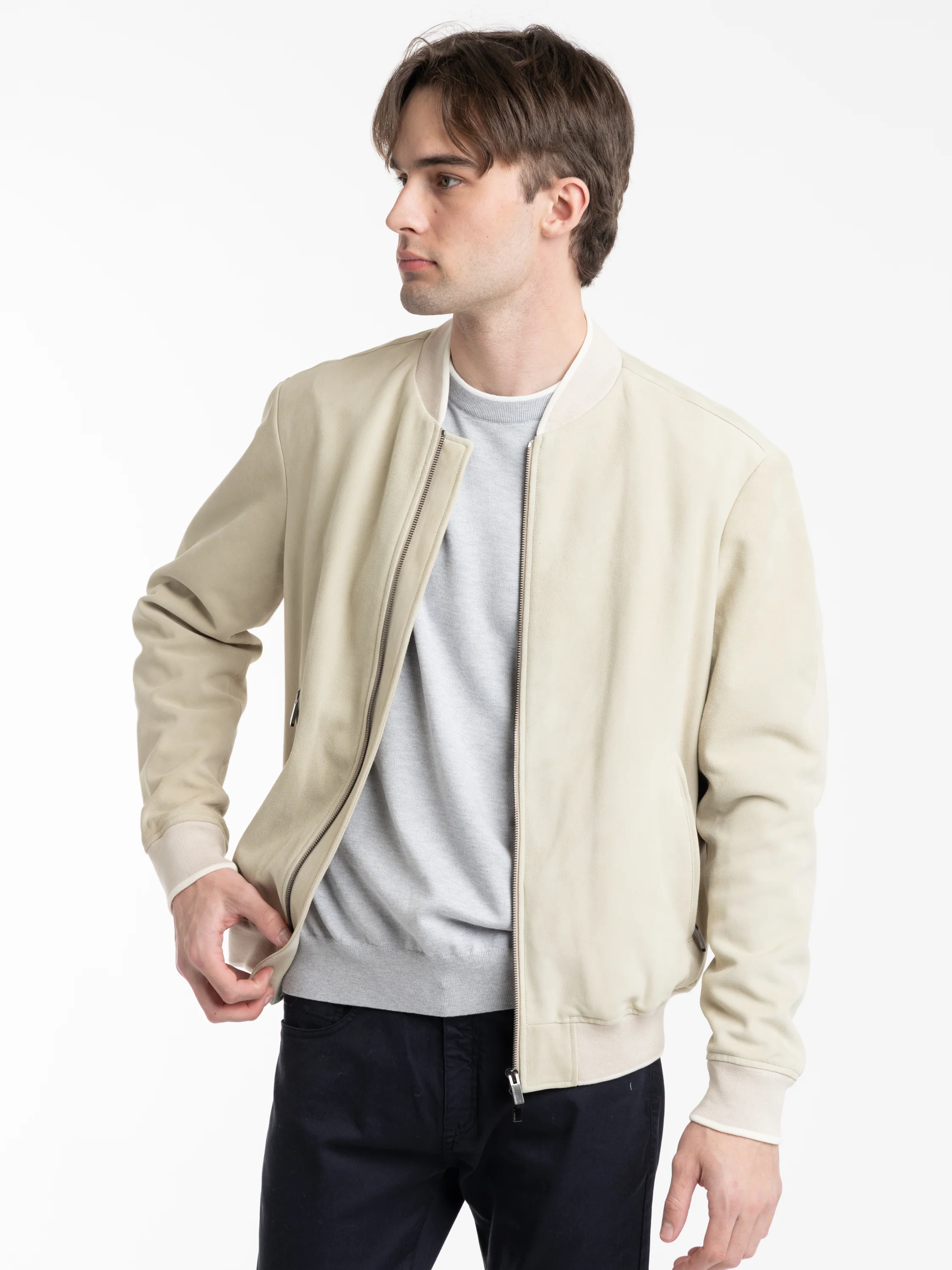 Light Beige Aqualeather Suede Bomber Jacket