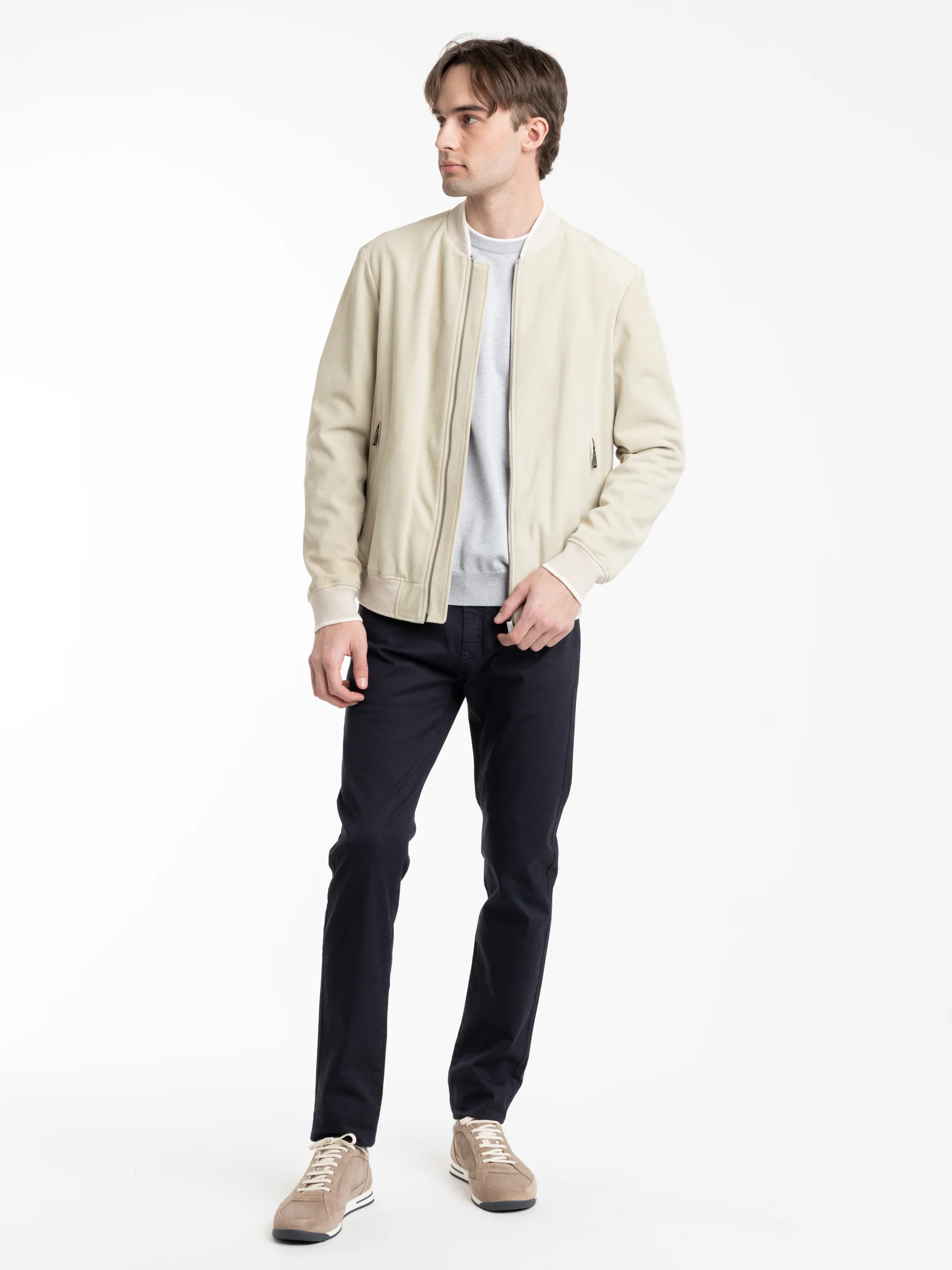Light Beige Aqualeather Suede Bomber Jacket - Image 2