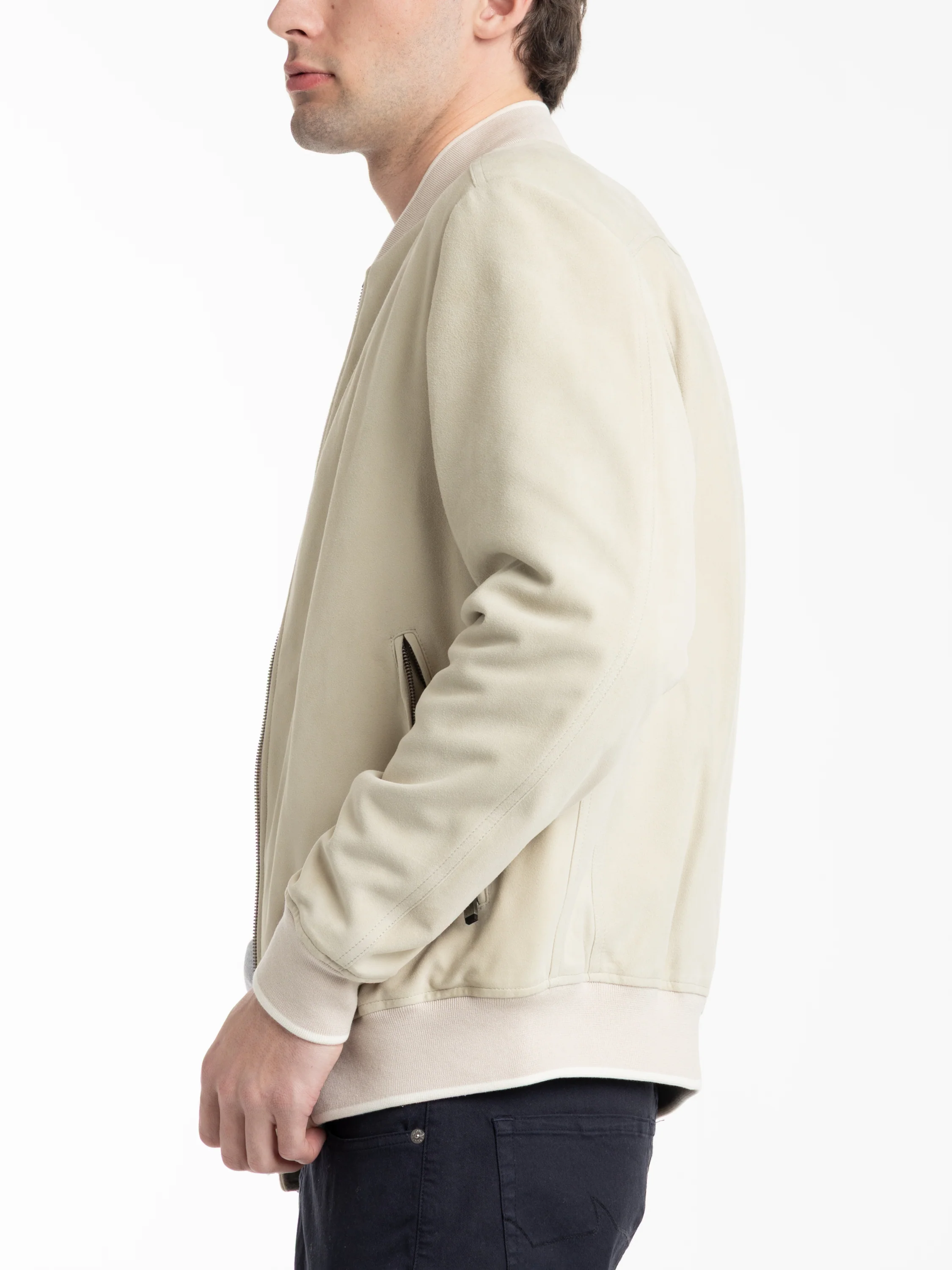 Light Beige Aqualeather Suede Bomber Jacket - Image 3