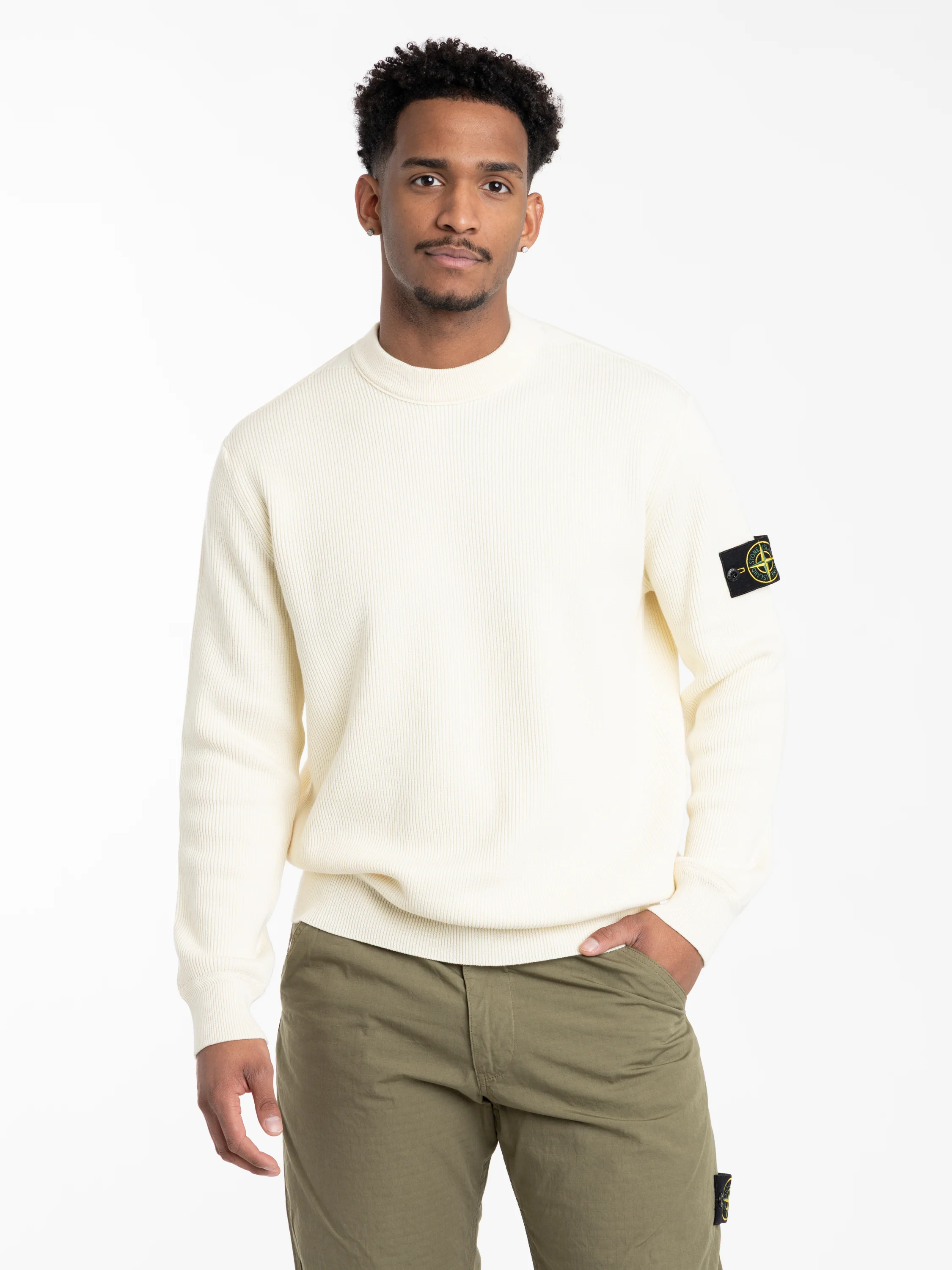 White Mesh Stitch Organic Cotton Fleece Crewneck Sweatshirt